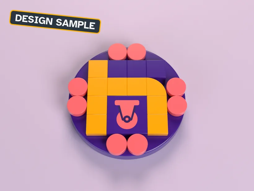 A sample brick badge built from bricks: a round purple medallion with the healthtechtonic h laid flat in amber tiles, coral round tiles around the rim and a caster mark (wheel, fork and mounting plate) in the open part of the h. A DESIGN SAMPLE stamp sits in the top corner.