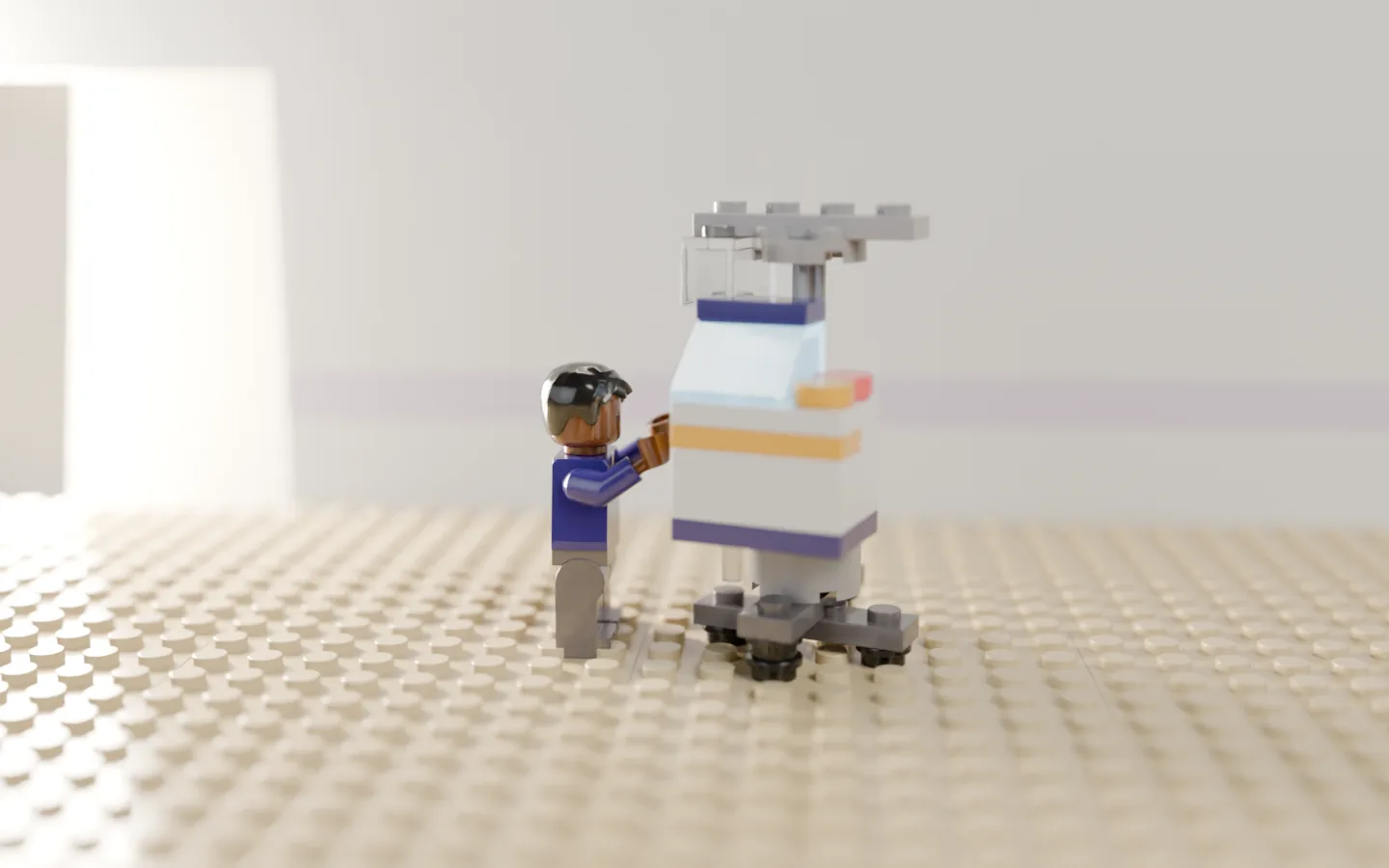 A clinical engineer rolls the brick pump on its pole down a sunlit brick hallway.