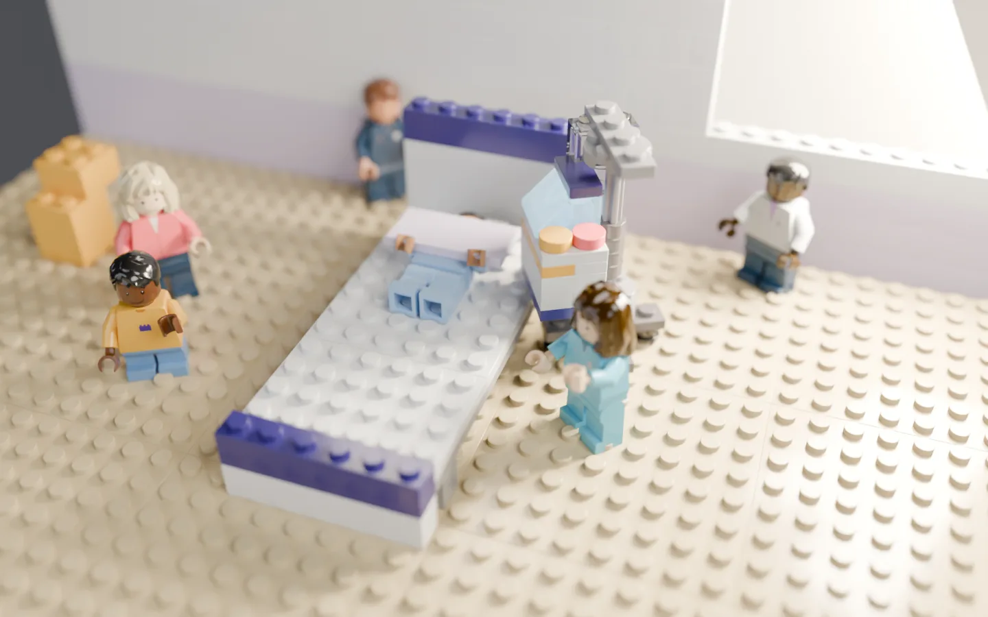 A brick patient room: a nurse sets up the pump beside a patient in bed, a physician and a respiratory therapist nearby, a visitor with a child at the bedside.
