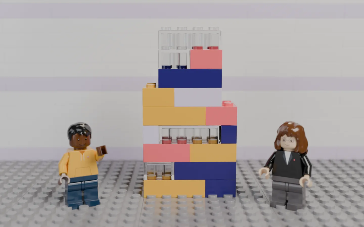 A stack of mixed-size coloured bricks with clear bricks still to earn at several heights; a new learner and a manager stand beside it.