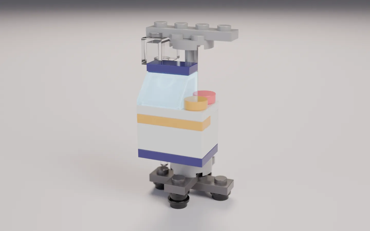 A finished brick-built infusion pump on its pole with a clear fluid bag.